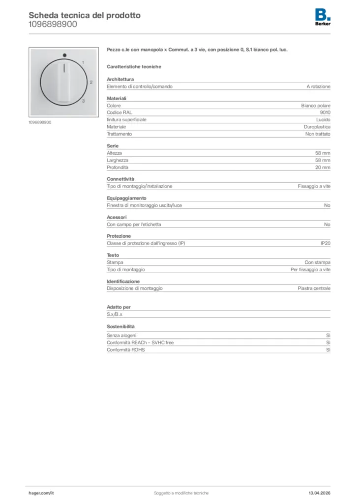 Immagine Berker Scheda tecnica del prodotto 1096898900 | Hager Italia
