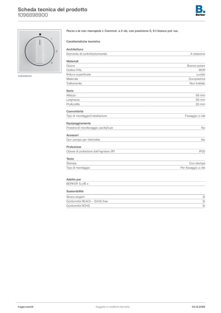 Immagine Berker Scheda tecnica del prodotto 1096898900 | Hager Italia