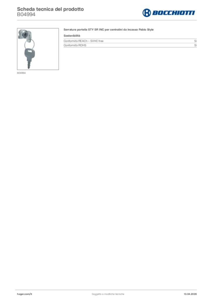 Immagine Bocchiotti Scheda tecnica del prodotto B04994 | Hager Italia