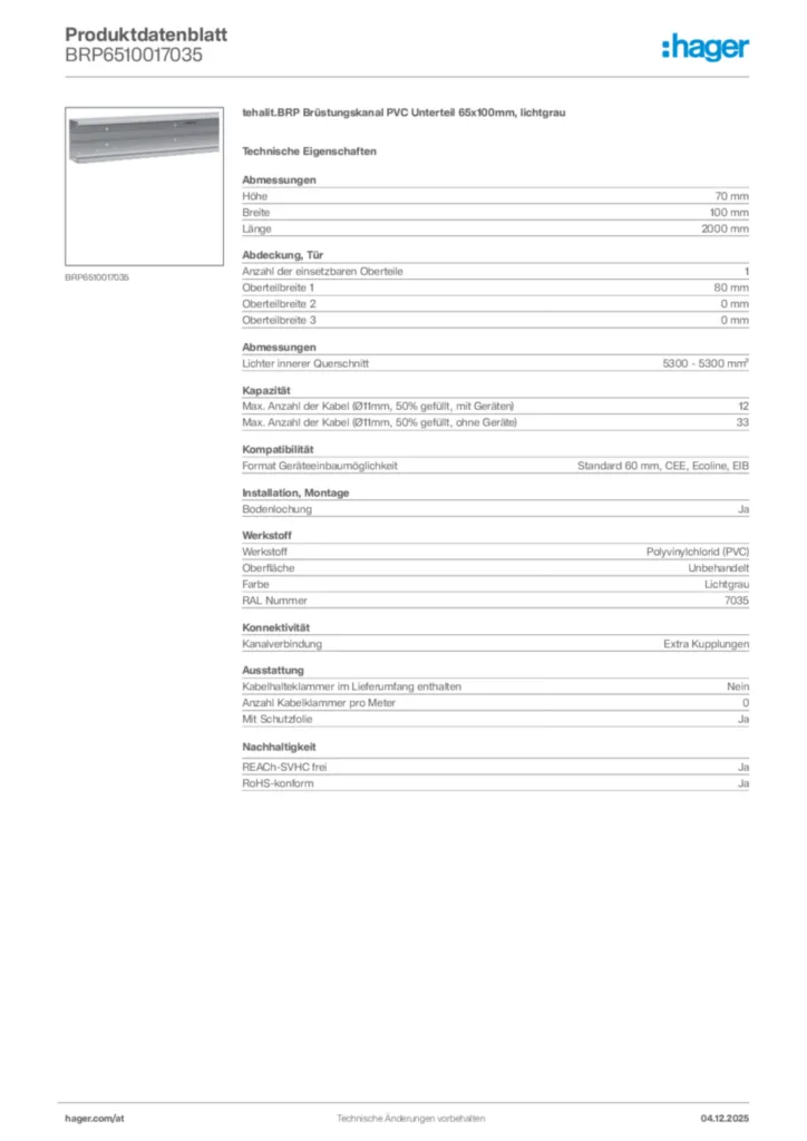 Bild Hager Produktdatenblatt BRP6510017035 | Hager Deutschland