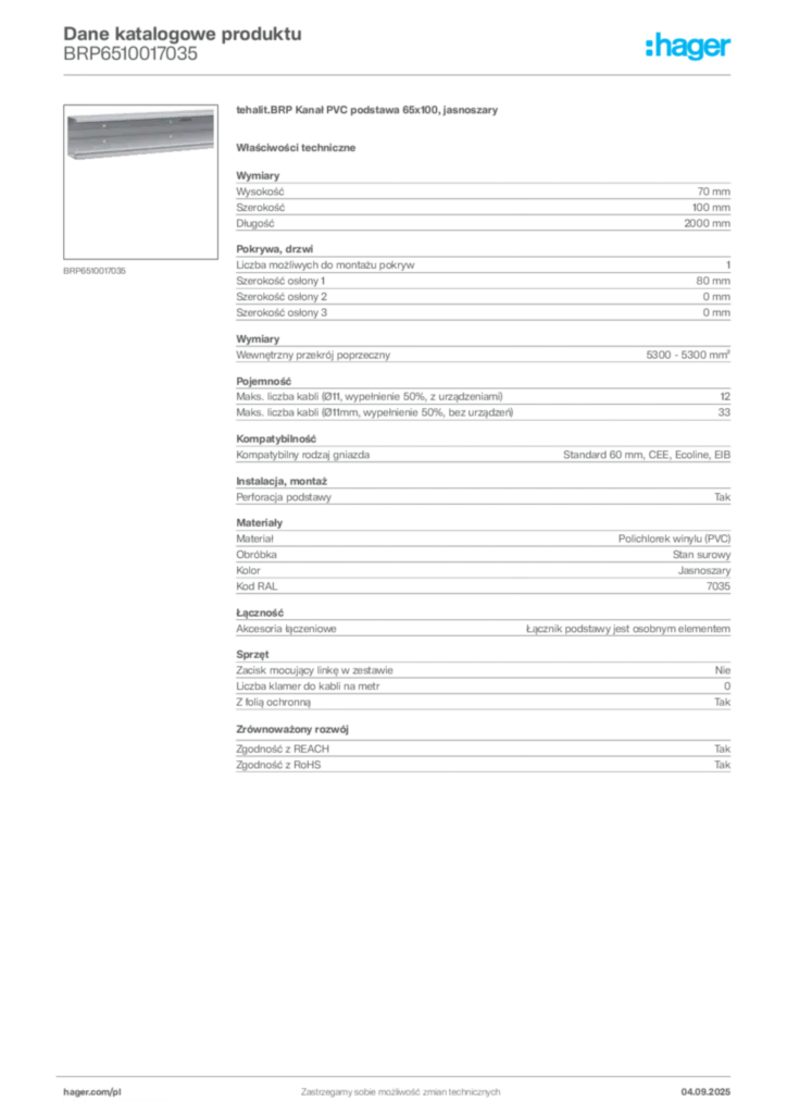 Zdjęcie Hager Dane katalogowe produktu BRP6510017035 | Hager Polska