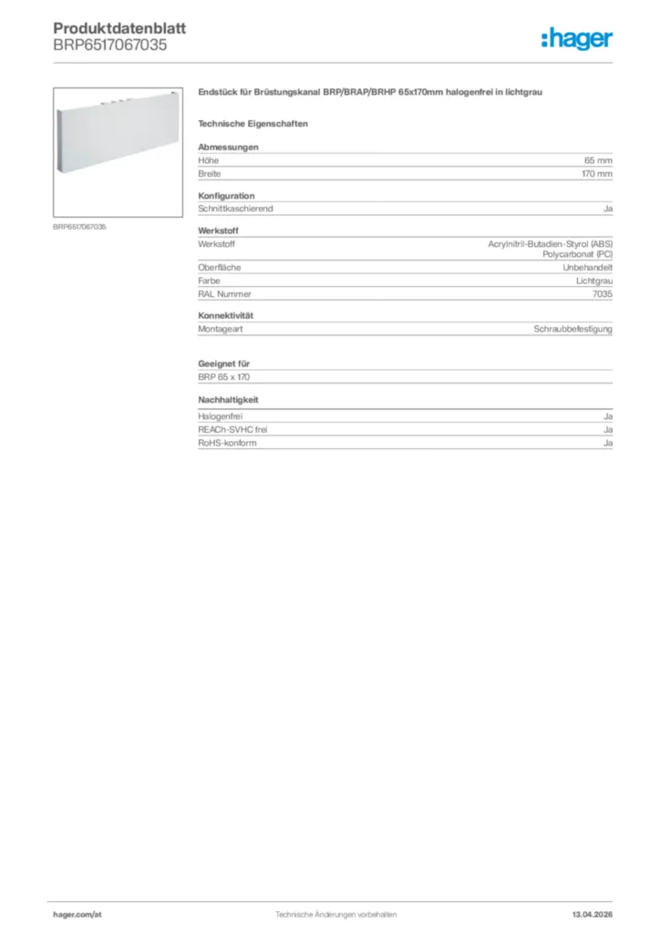 Bild Hager Produktdatenblatt BRP6517067035 | Hager Deutschland
