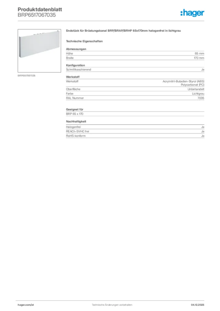 Bild Hager Produktdatenblatt BRP6517067035 | Hager Deutschland