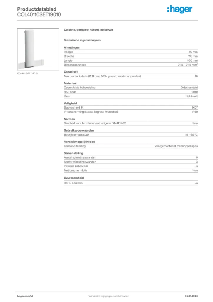 Afbeelding Hager Productdatablad COL40110SET19010 | Hager Nederland