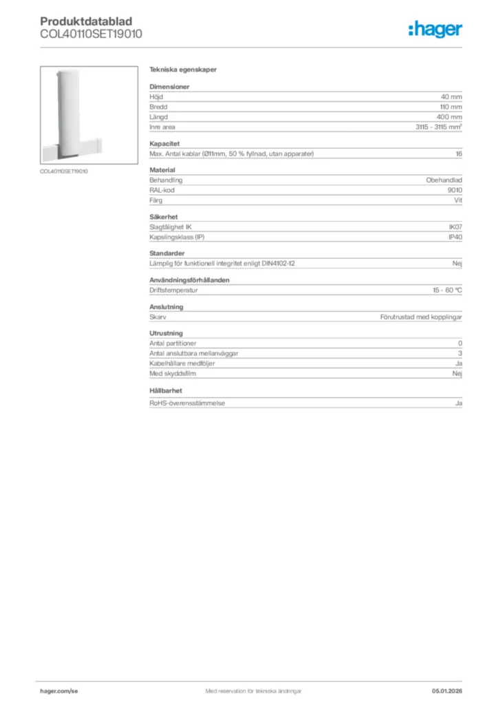 Bild Hager Produktdatablad COL40110SET19010 | Hager Sverige