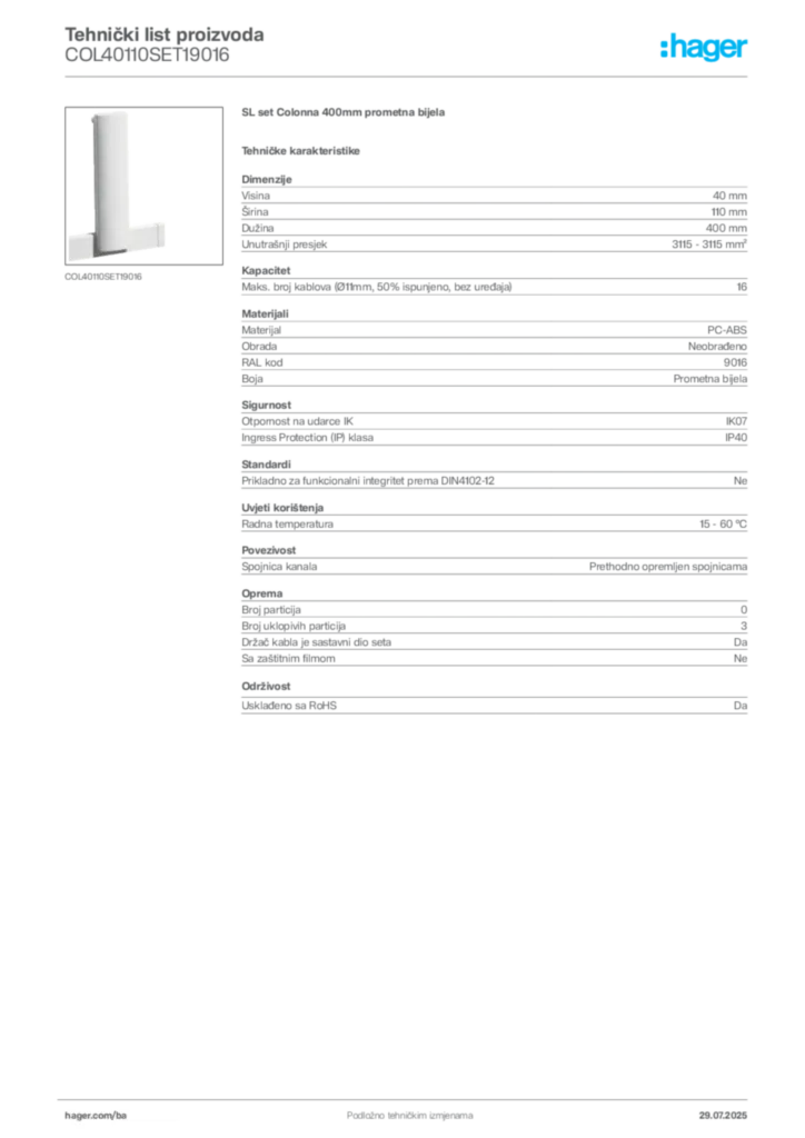 Slika Hager Product data sheet COL40110SET19016  | Hager
