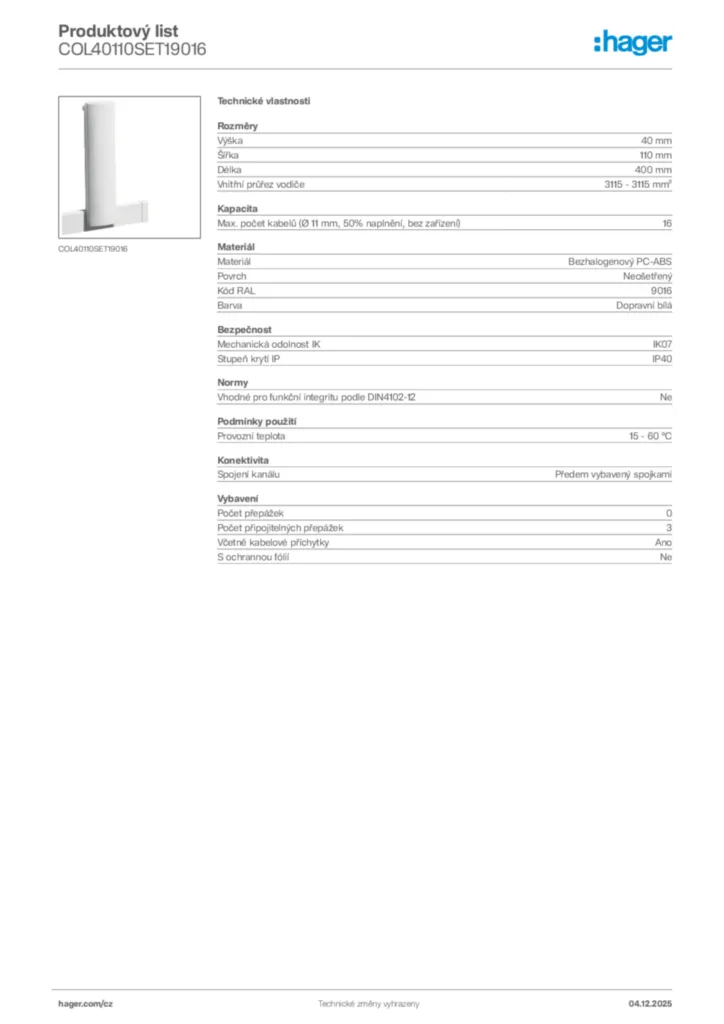 Obrázek Hager Product data sheet COL40110SET19016 | Hager