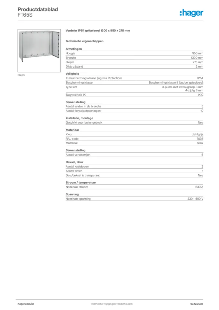 Afbeelding Hager Productdatablad FT65S | Hager Nederland