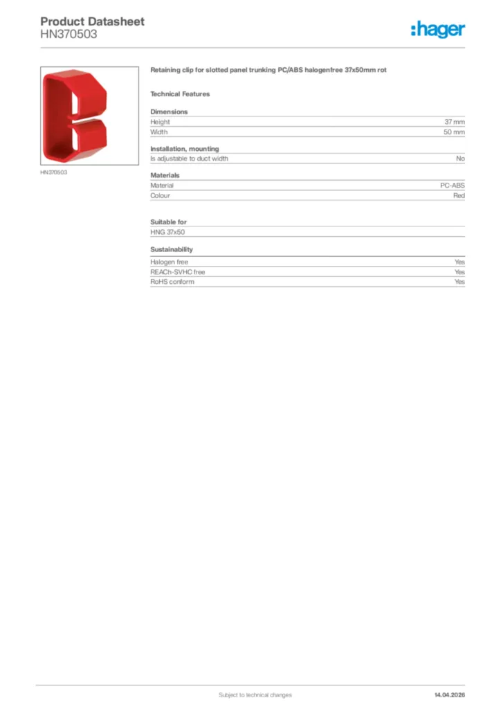Image Hager Product data sheet HN370503  | Hager Africa
