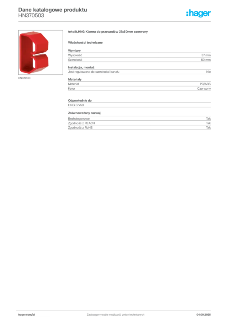 Zdjęcie Hager Dane katalogowe produktu HN370503 | Hager Polska