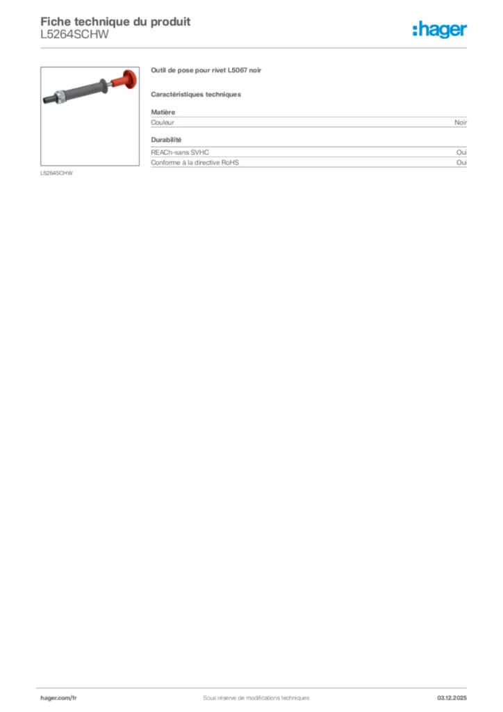 Image Hager Fiche technique du produit L5264SCHW | Hager France