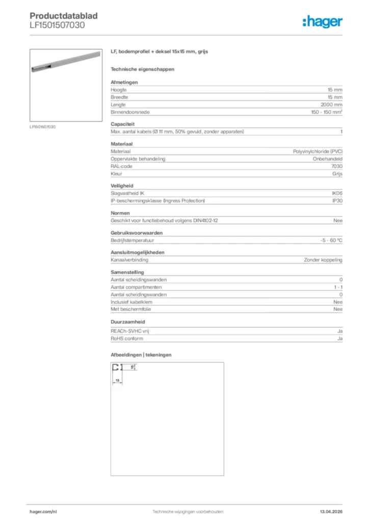 Afbeelding Hager Productdatablad LF1501507030 | Hager Nederland