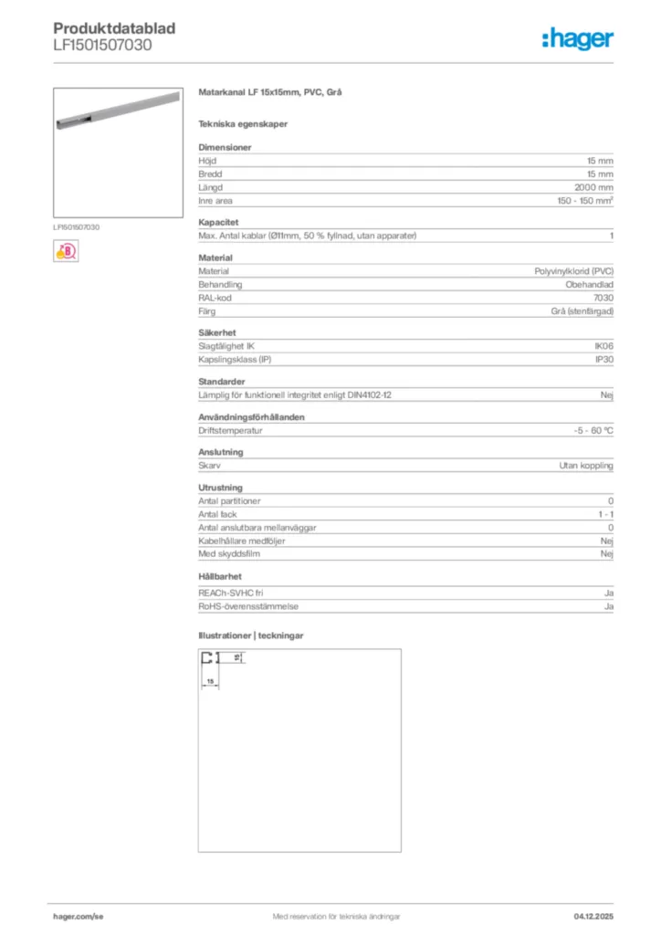 Bild Hager Produktdatablad LF1501507030 | Hager Sverige