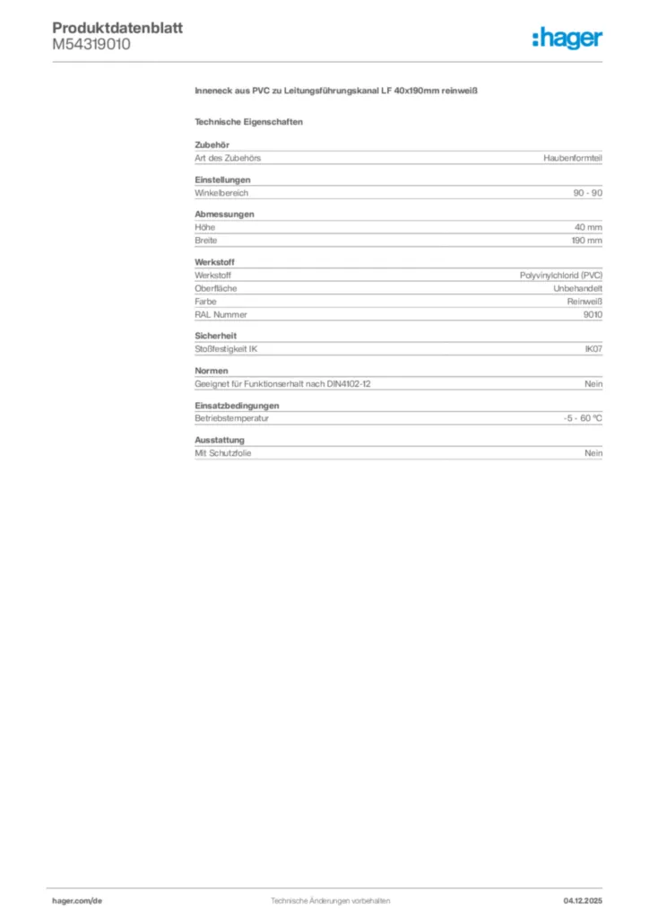Bild Hager Produktdatenblatt M54319010 | Hager Deutschland
