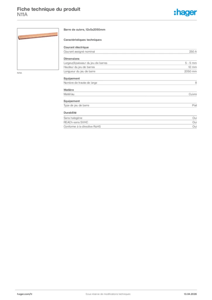 Image Hager Fiche technique du produit N11A | Hager France