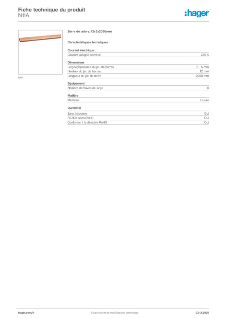 Image Hager Fiche technique du produit N11A | Hager France