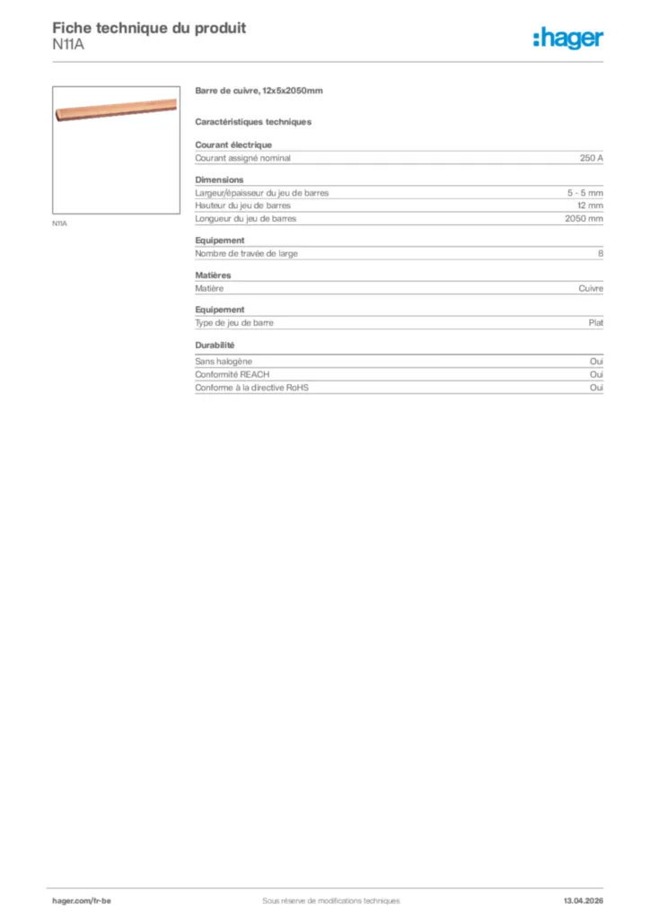 Image Hager Fiche technique du produit N11A | Hager Belgique