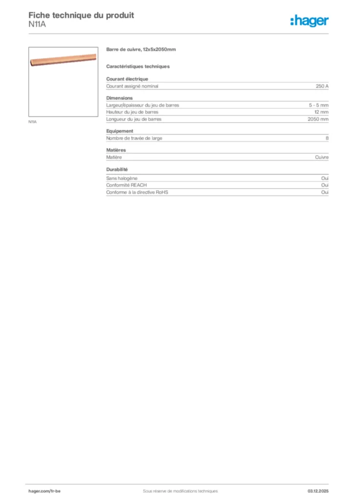 Image Hager Fiche technique du produit N11A | Hager Belgique