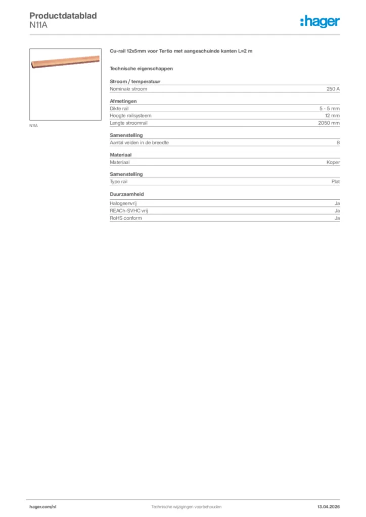 Afbeelding Hager Productdatablad N11A | Hager Nederland