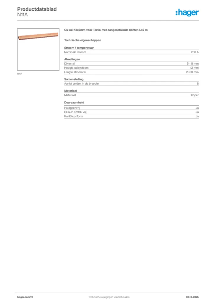 Afbeelding Hager Productdatablad N11A | Hager Nederland