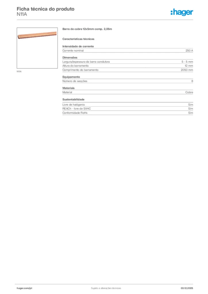 Imagem Hager Ficha técnica do produto N11A | Hager Portugal
