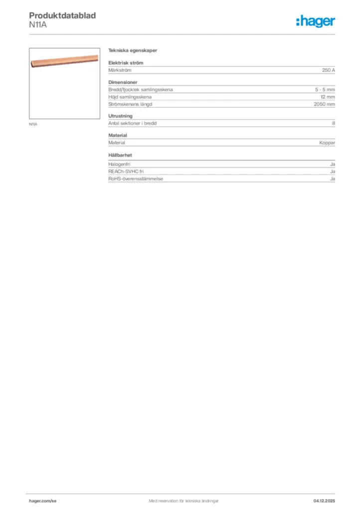 Bild Hager Produktdatablad N11A | Hager Sverige