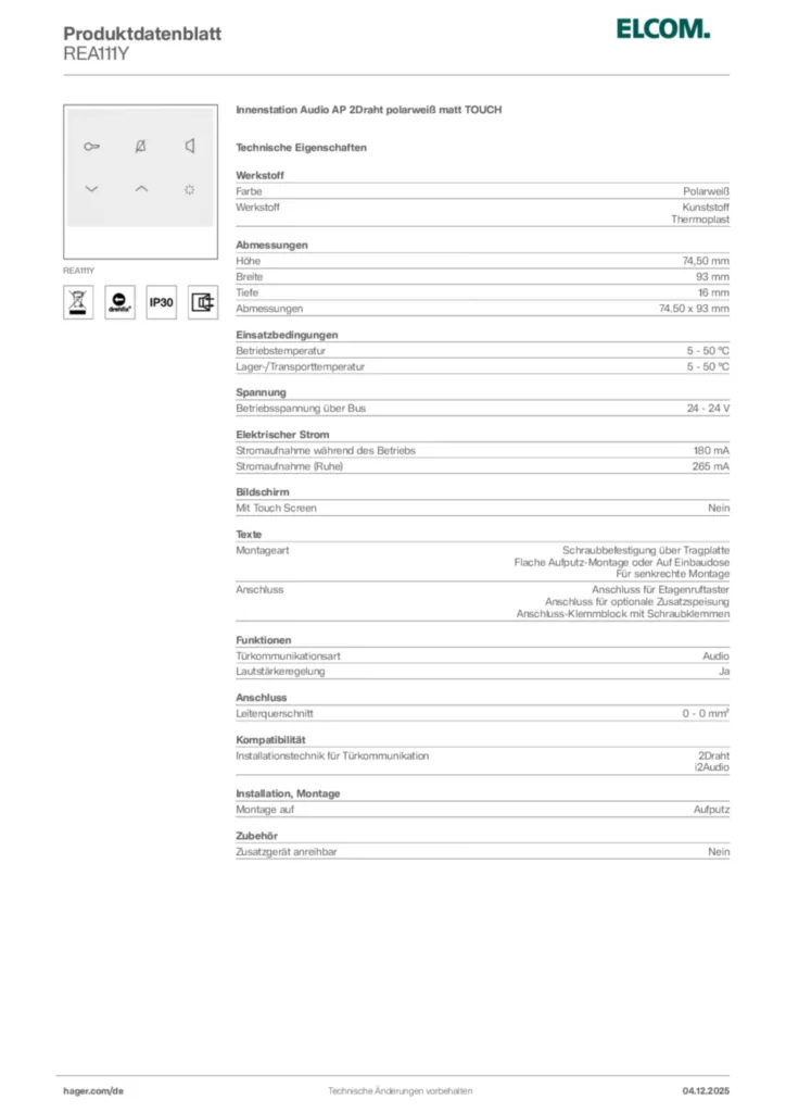 Bild Elcom Produktdatenblatt REA111Y | Hager Deutschland