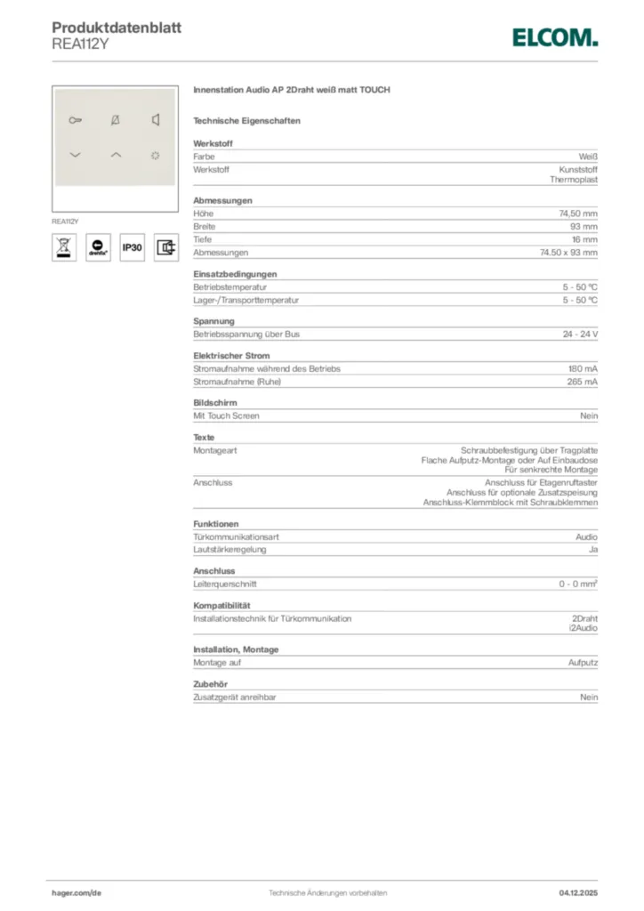 Bild Elcom Produktdatenblatt REA112Y | Hager Deutschland