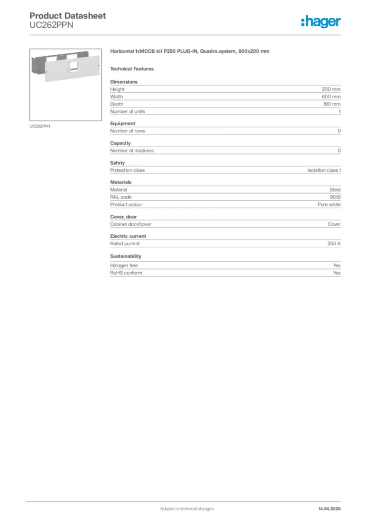 Image Hager Product data sheet UC262PPN  | Hager Africa