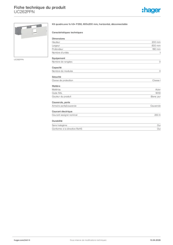 Image Hager Fiche technique du produit UC262PPN | Hager Afrique