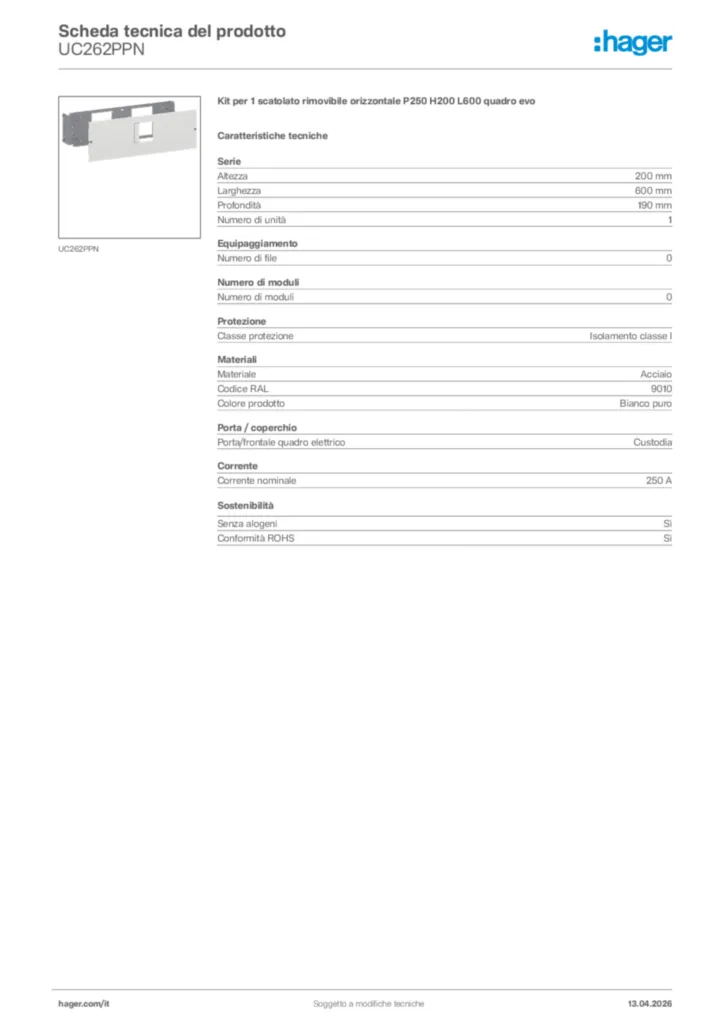 Immagine Hager Scheda tecnica del prodotto UC262PPN | Hager Italia