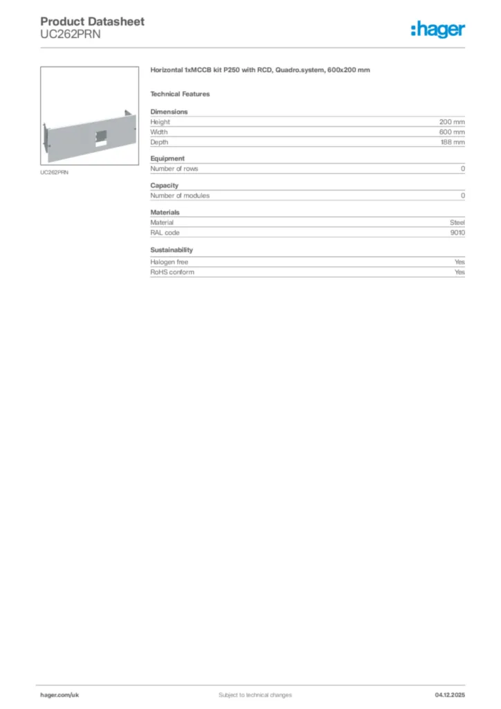 Image Hager Product data sheet UC262PRN  | Hager