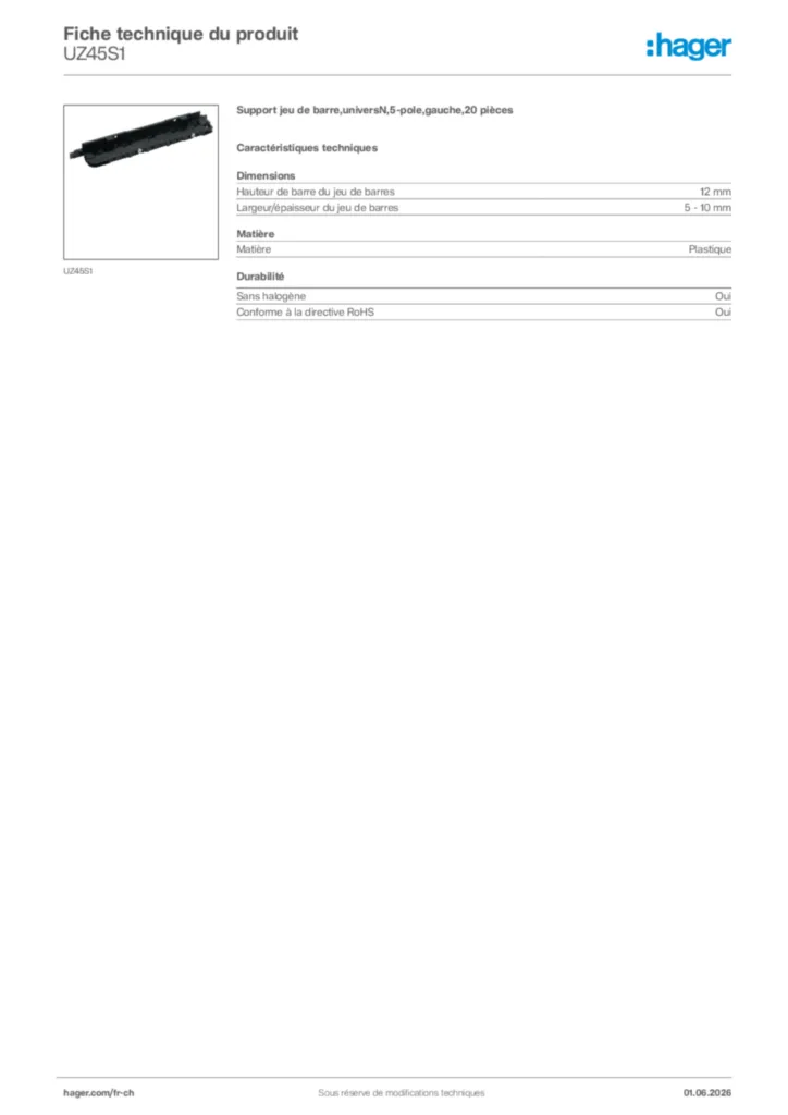 Image Hager Fiche technique du produit UZ45S1 | Hager Suisse