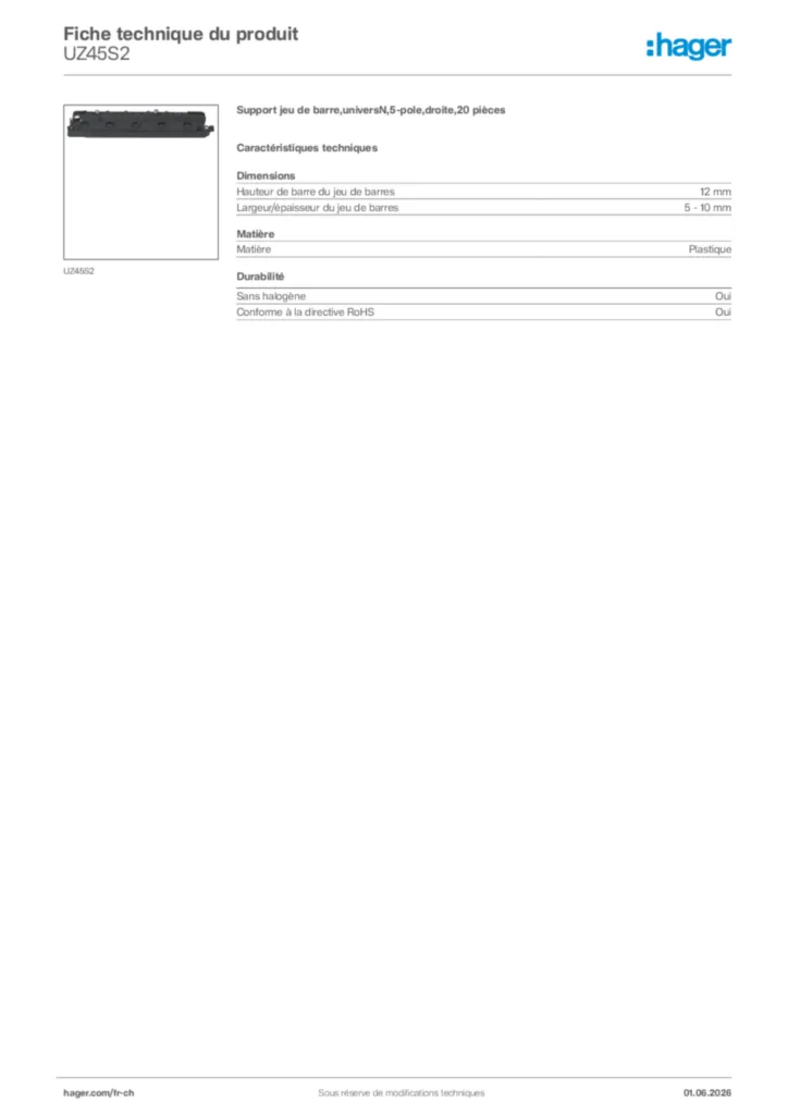 Image Hager Fiche technique du produit UZ45S2 | Hager Suisse