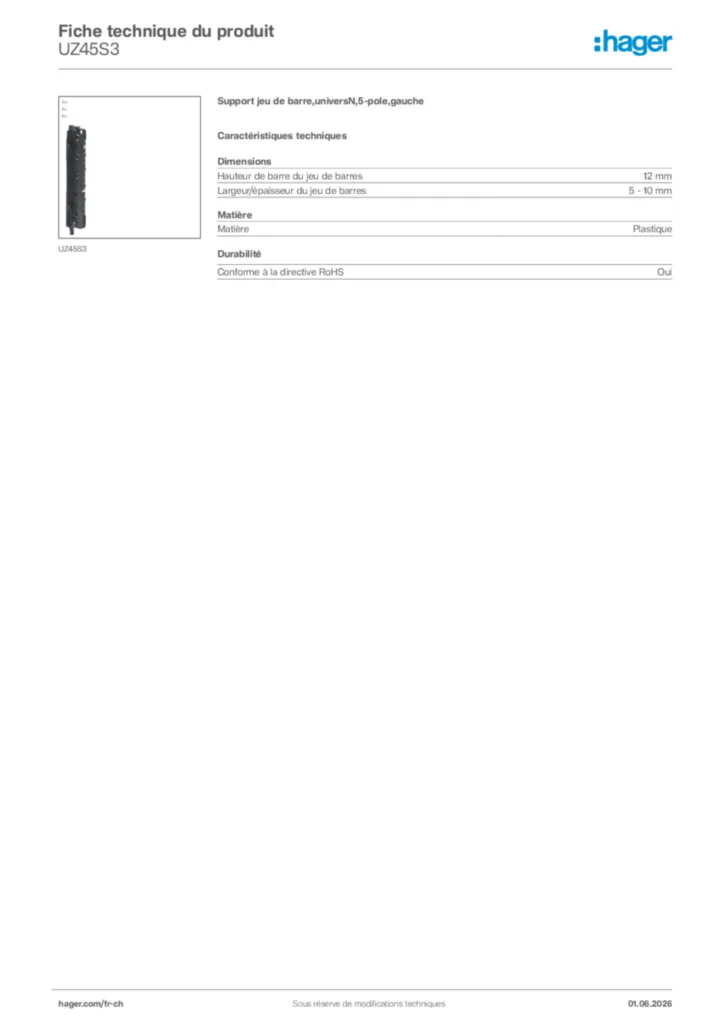 Image Hager Fiche technique du produit UZ45S3 | Hager Suisse