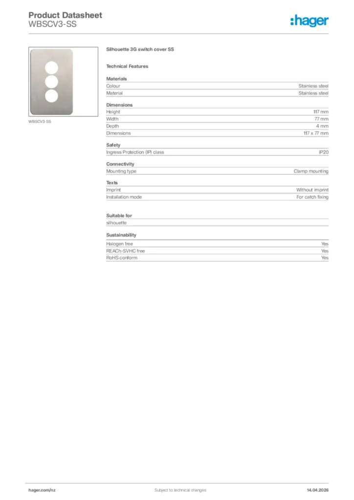 Image Hager Product data sheet WBSCV3-SS  | Hager New Zealand