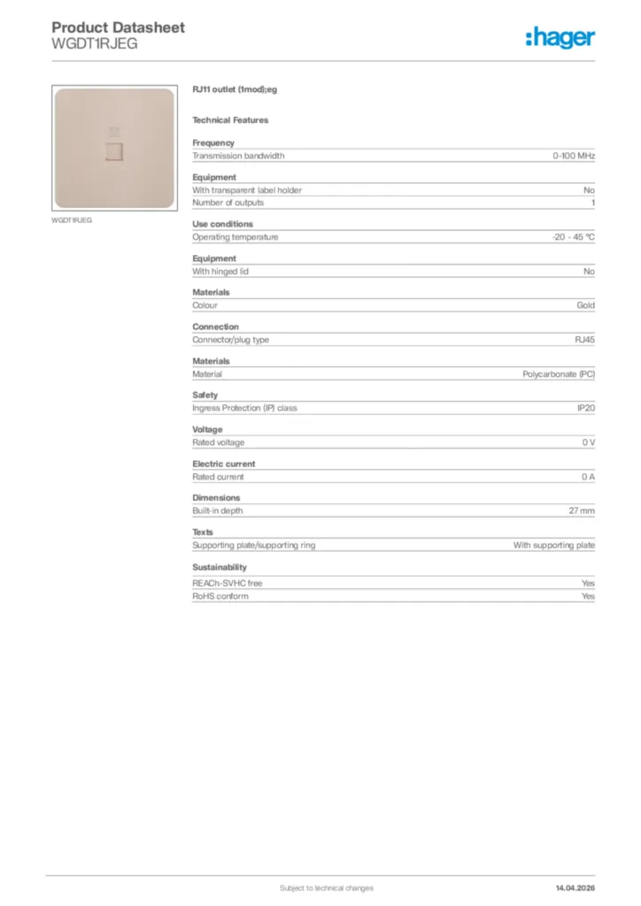 Image Hager Product data sheet WGDT1RJEG  | Hager Africa