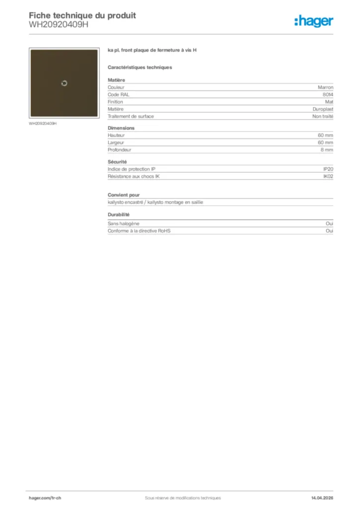 Image Hager Fiche technique du produit WH20920409H | Hager Suisse