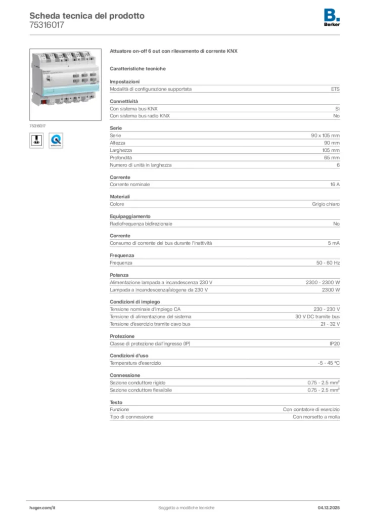 Immagine Berker Scheda tecnica del prodotto 75316017 | Hager Italia
