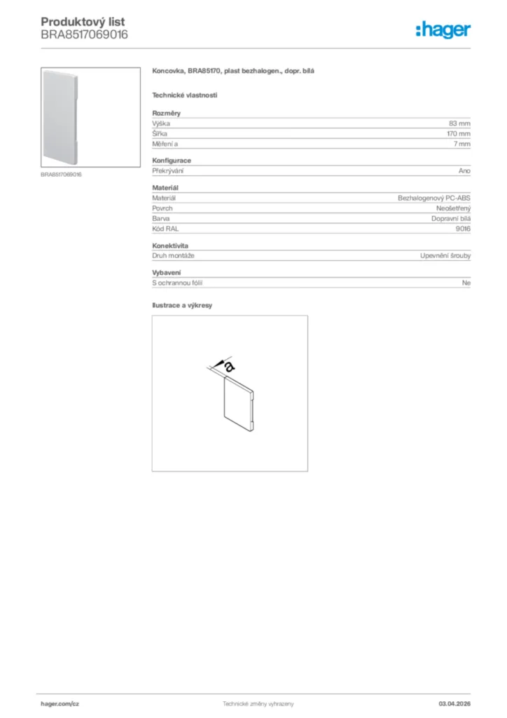 Obrázek Hager Product data sheet BRA8517069016 | Hager