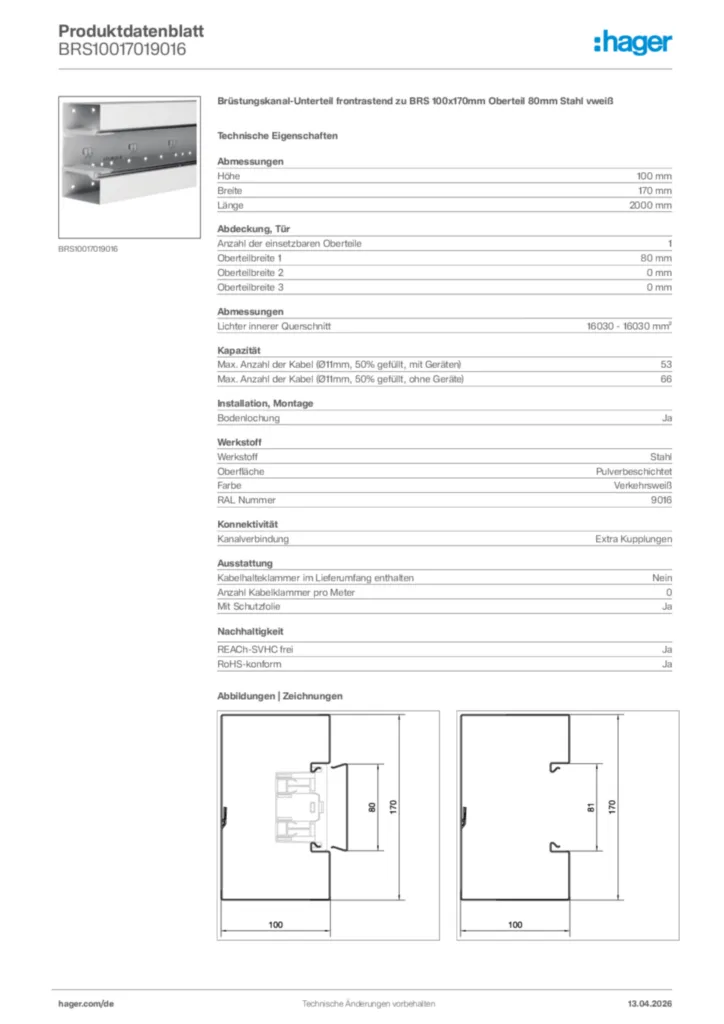 Bild Hager Produktdatenblatt BRS10017019016 | Hager Deutschland