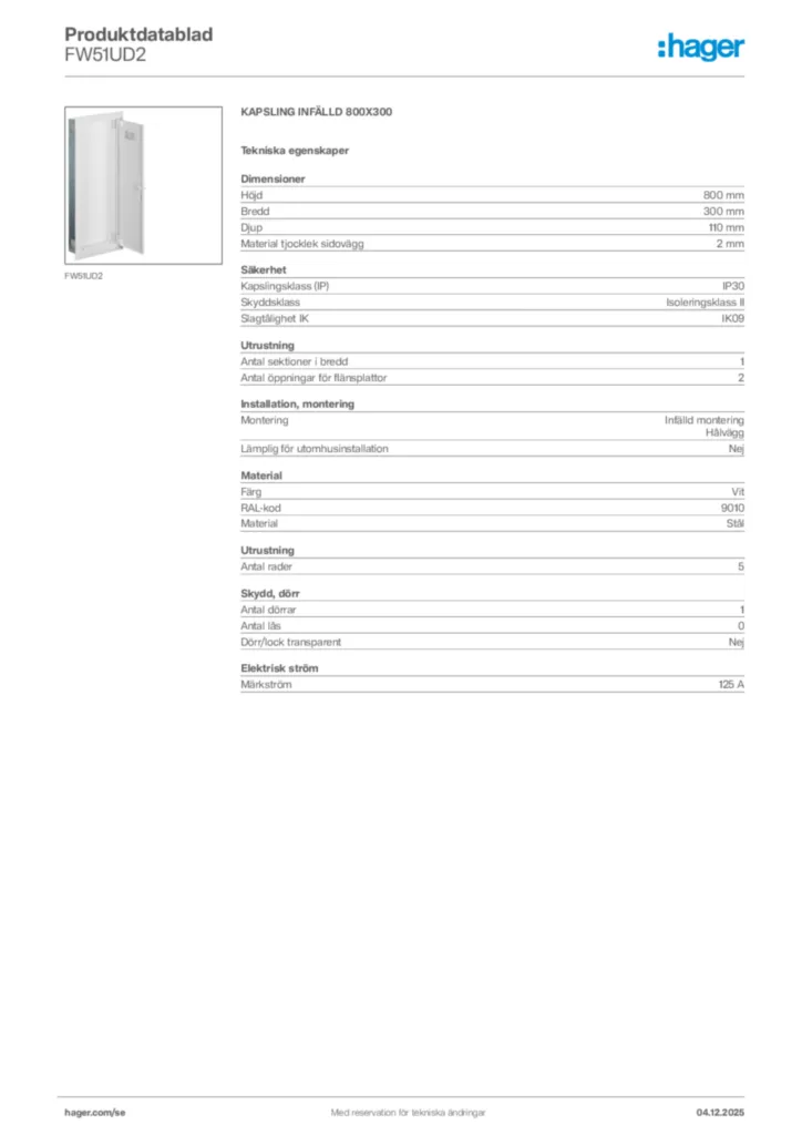 Bild Hager Produktdatablad FW51UD2 | Hager Sverige