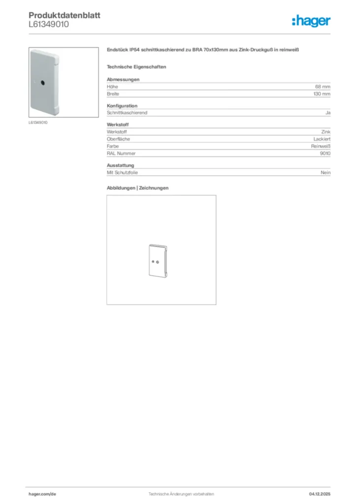 Bild Hager Produktdatenblatt L61349010 | Hager Deutschland