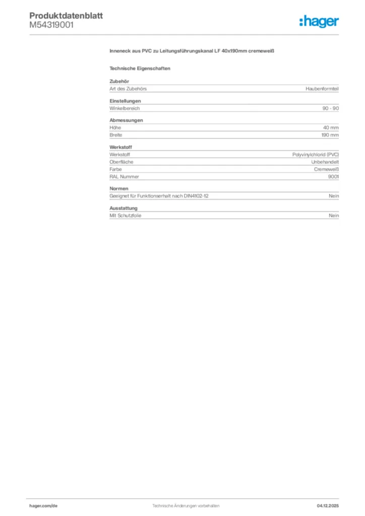 Bild Hager Produktdatenblatt M54319001 | Hager Deutschland