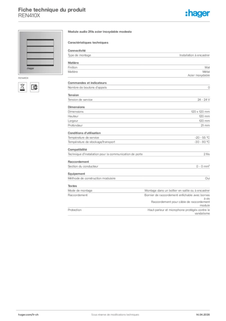 Image Hager Fiche technique du produit REN410X | Hager Suisse