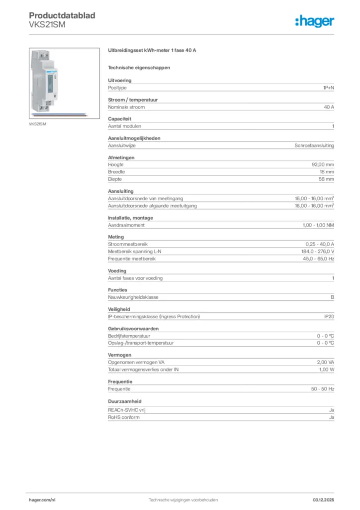 Afbeelding Hager Productdatablad VKS21SM | Hager Nederland