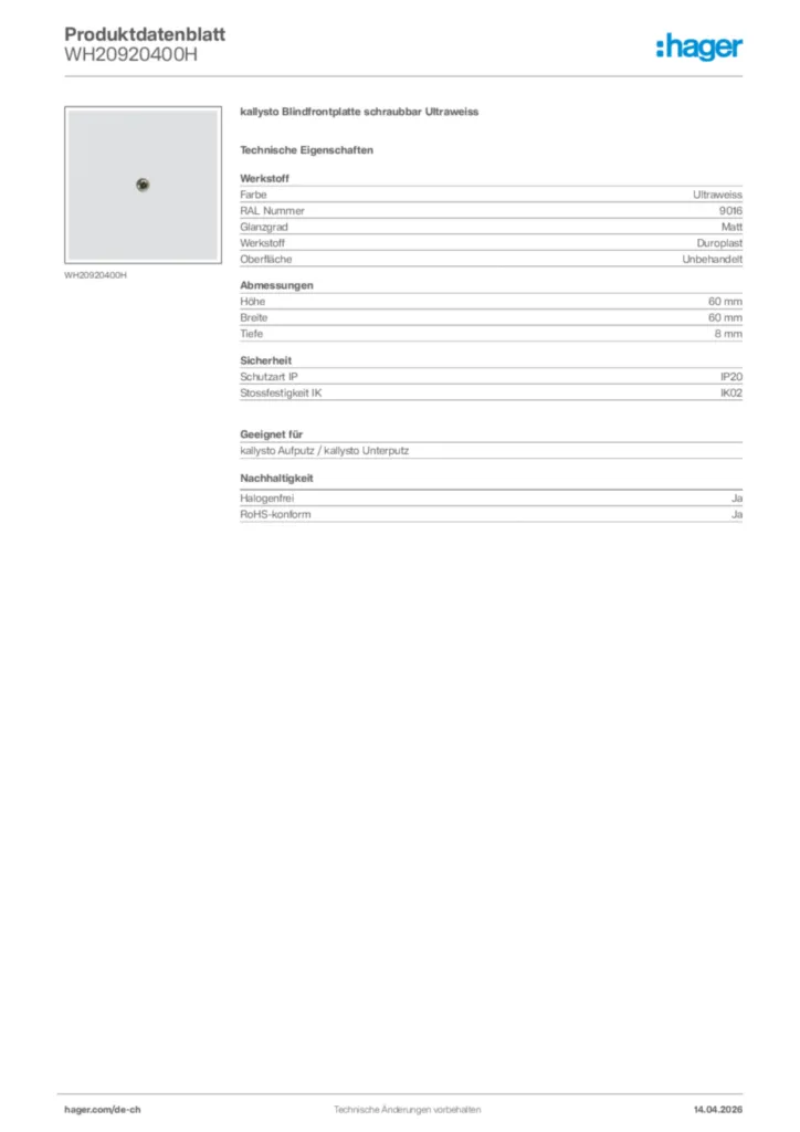 Bild Hager Produktdatenblatt WH20920400H | Hager Schweiz