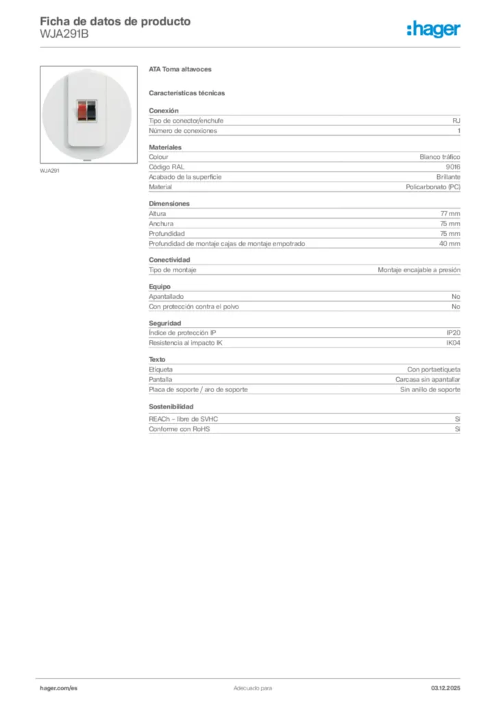Imagen Hager Ficha de datos de producto WJA291B | Hager España