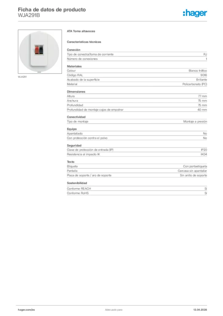 Imagen Hager Ficha de datos de producto WJA291B | Hager España
