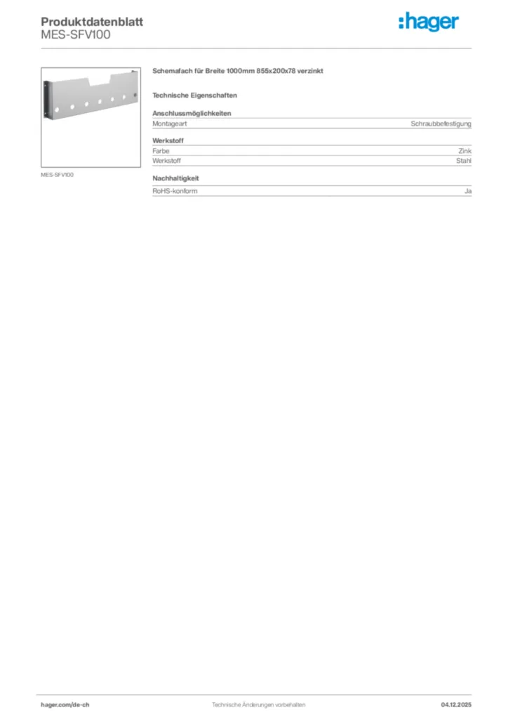 Bild Hager Produktdatenblatt MES-SFV100 | Hager Schweiz